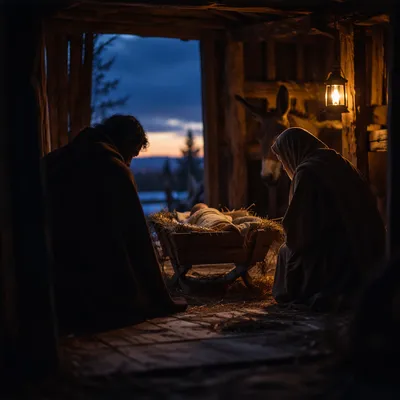 Warm Stable Nativity at Winter Dusk