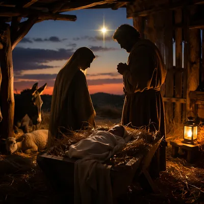 Warm Lantern Nativity in Rustic Stable