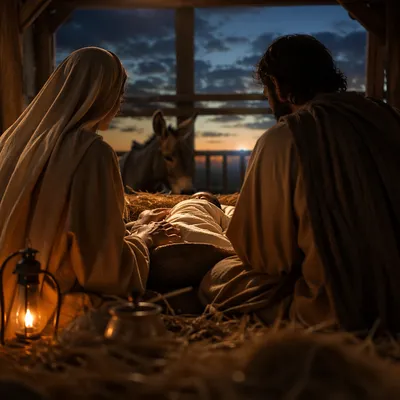 Warm Lantern Nativity in Wooden Stable