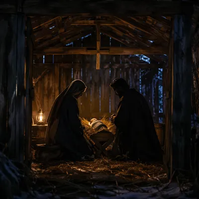 Warm Lantern Nativity in Rustic Stable