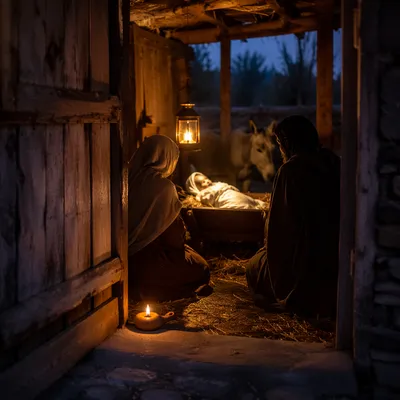 Warm Blue Hour Nativity Stable Scene