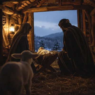 Warm Lantern Nativity in Rustic Stable