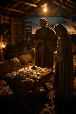 Warm Lantern Nativity in Rustic Stable
