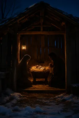 Warm Lantern Nativity in Rustic Stable