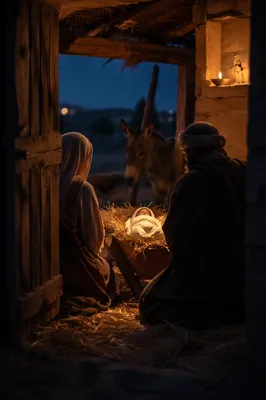 Warm Lantern Nativity Stable at Blue Hour