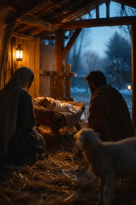 Warm Twilight Nativity in Rustic Stable