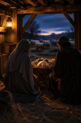 Warm Twilight Nativity in Wooden Stable