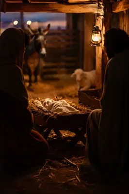 Warm Lantern Nativity in Rustic Stable