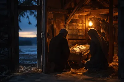 Warm Stable Nativity at Winter Dusk
