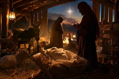 Warm Lantern Nativity in Rustic Stable
