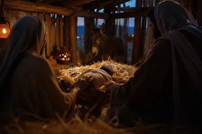 Warm Stable Nativity at Twilight