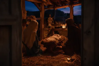 Warm Nativity Stable at Blue Hour