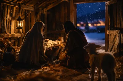 Warm Twilight Nativity in Rustic Stable
