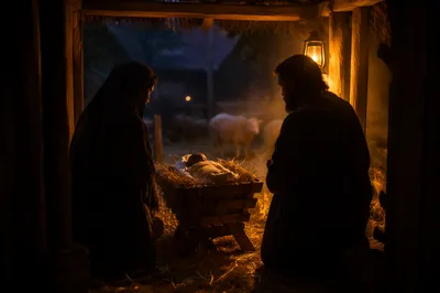 Warm Stable Nativity at Twilight