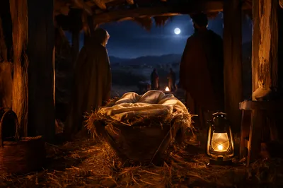 Warm Lantern Nativity in Humble Stable