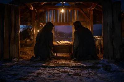 Warm Lantern Nativity in Rustic Stable