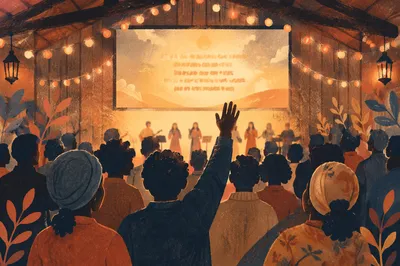 Raised Hand in Crowded Church Hall