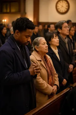Congregation Praying Before Midnight in Church Hall