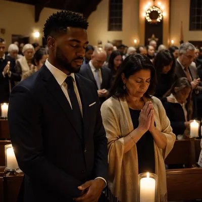 Congregation Praying in Warmly Lit Church