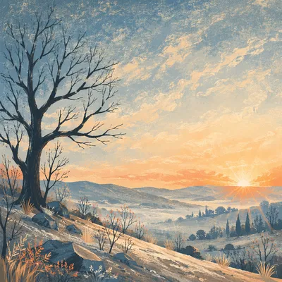 New Year Sunrise Over Quiet Winter Hillside