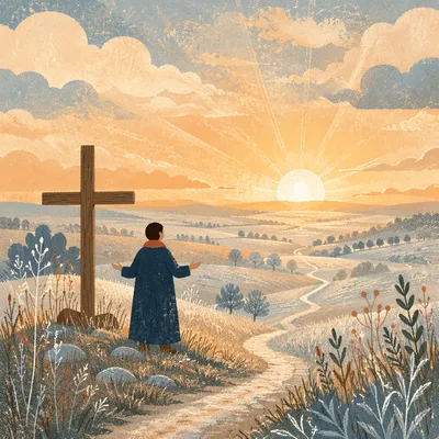 New Year Sunrise Prayer Beside Wooden Cross
