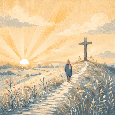 New Year Sunrise Cross on Frosty Hill