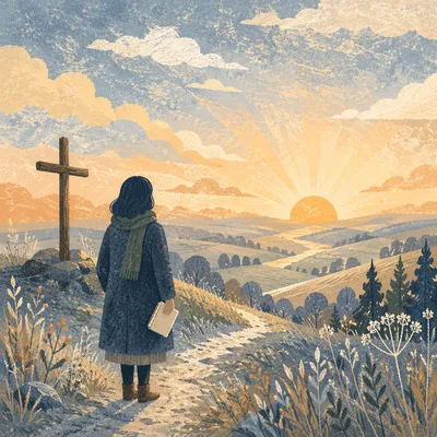 New Year Sunrise Cross on Frosty Hillside