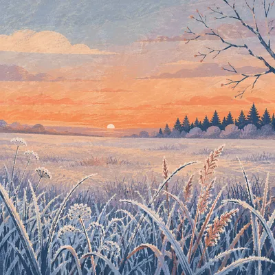 New Year Sunrise Over Frosty Winter Meadow