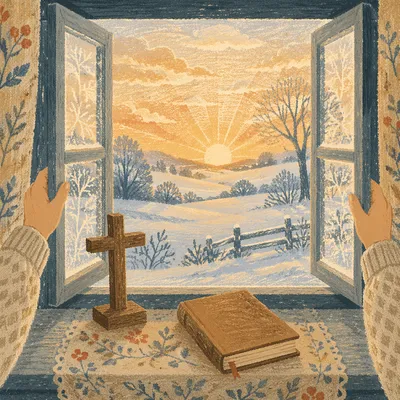 New Year Sunrise Prayer at Cottage Window