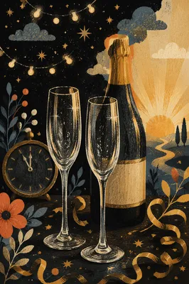 New Year Sunrise Toast with Golden Ribbons