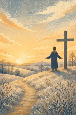 New Year Sunrise Prayer by Wooden Cross