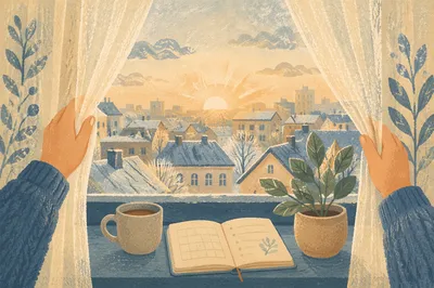 New Year Sunrise Through Open Curtains