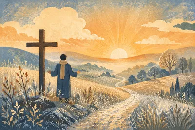 New Year Sunrise Prayer by Wooden Cross