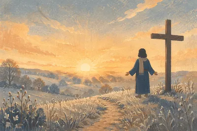 New Year Sunrise Prayer Beside Wooden Cross