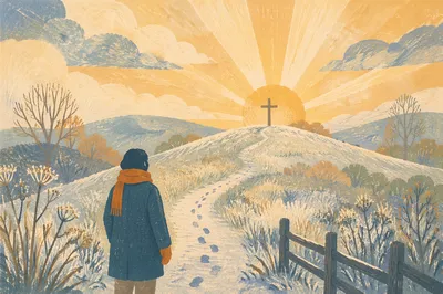 New Year Sunrise Prayer on Frosted Path