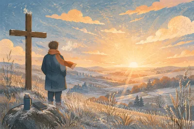 New Year Sunrise Prayer by Wooden Cross
