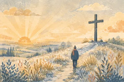 New Year Sunrise Cross on Frosty Hill