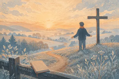 New Year Sunrise Prayer by Wooden Cross