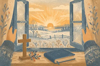 New Year Sunrise Prayer by Cottage Window
