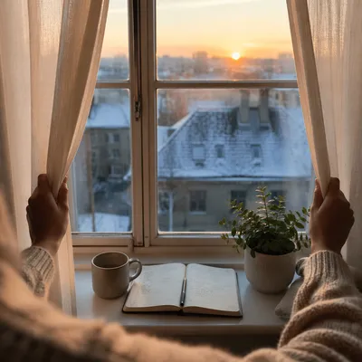 New Year Sunrise Through Cream Curtains