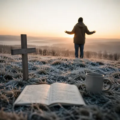 New Year Sunrise Prayer on Frosted Hill