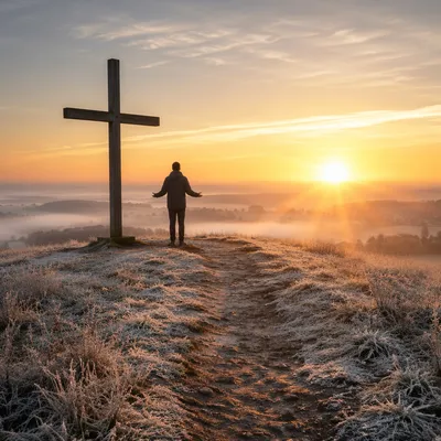 New Year Sunrise Prayer by Wooden Cross
