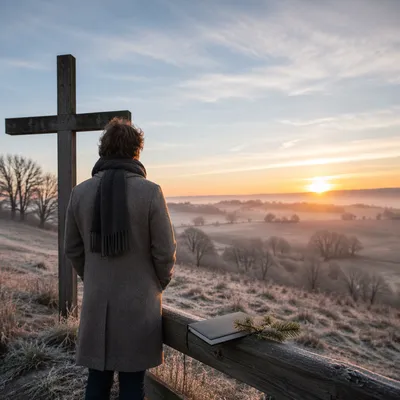 New Year Sunrise Prayer by Wooden Cross