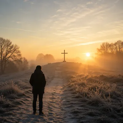New Year Sunrise Prayer on Frosty Path
