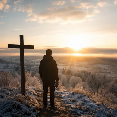 New Year Sunrise Prayer by Wooden Cross
