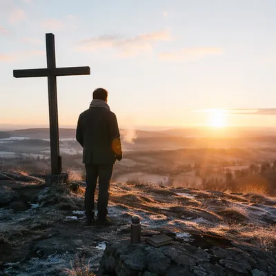 New Year Sunrise Prayer by Wooden Cross