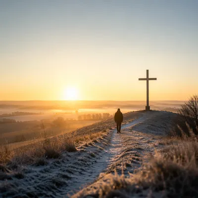 New Year Sunrise Cross on Frosty Hill