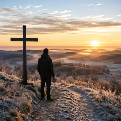 New Year Sunrise by the Wooden Cross