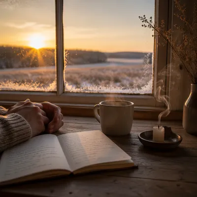 Frosted Window Sunrise with Journal and Mug