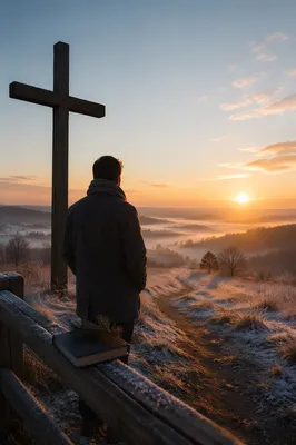New Year Sunrise Prayer by Wooden Cross